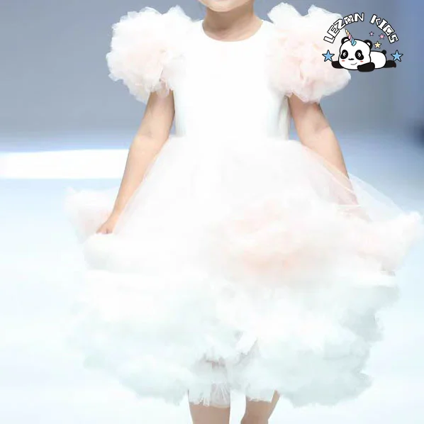 LEZONKIDS - Atacado de Novo Produto de manga curta de tule com flores de renda para vestidos de meninas para casamento